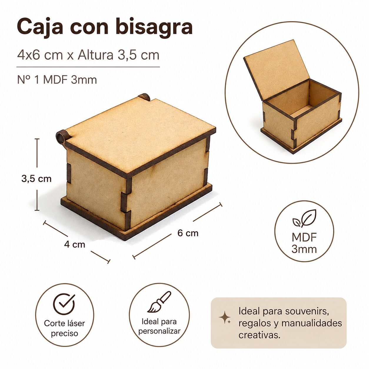 Caja con bisagra 4x6 altura 3 cm. Nº 1 MDF 3mm - Imagen 2