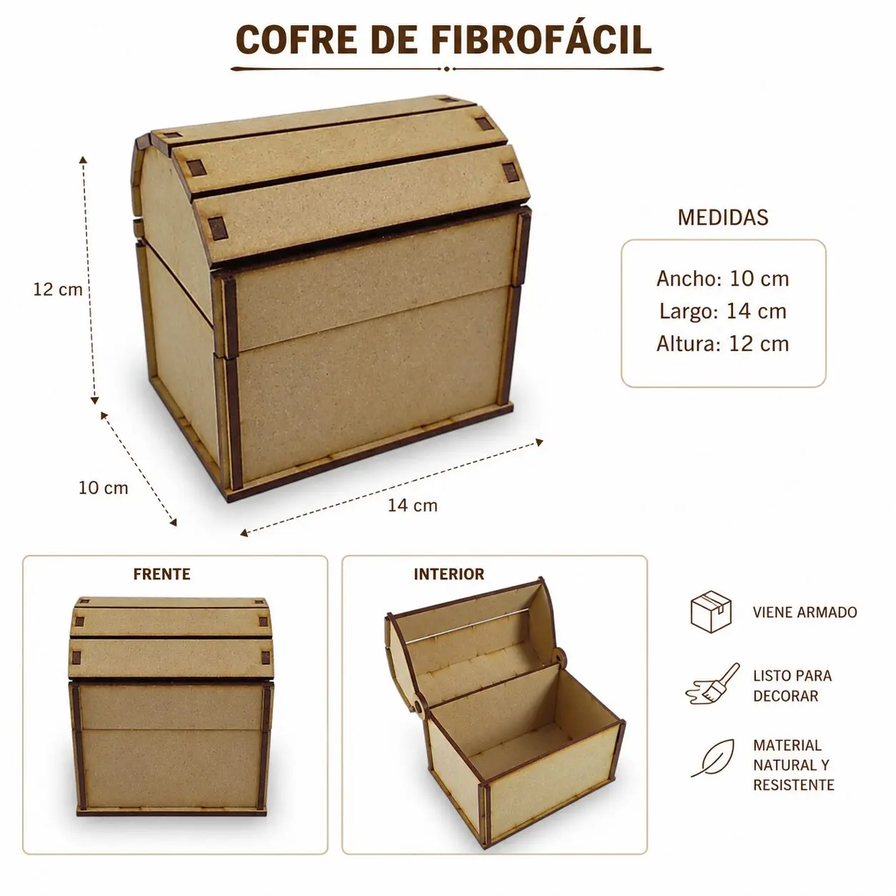 Cofre baul Nº 3 medidas 10x14cm. altura 12cm. MDF 3mm - Imagen 3
