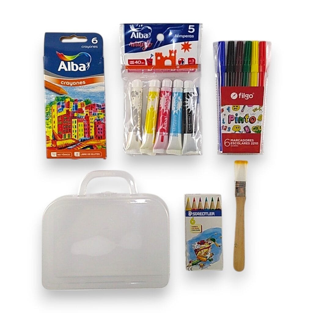 Valija kit de arte mini niños pinturitas crayones temperas fibras