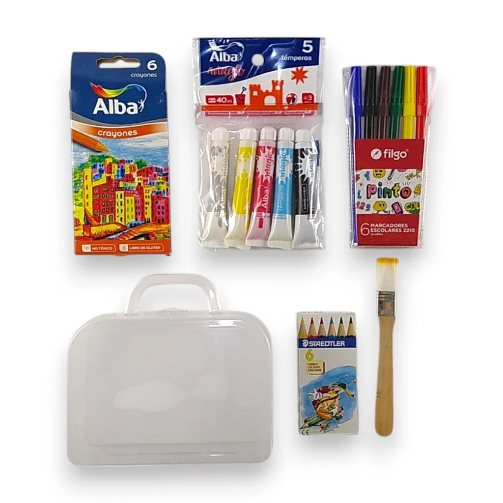 Valija kit de arte mini niños pinturitas crayones temperas fibras