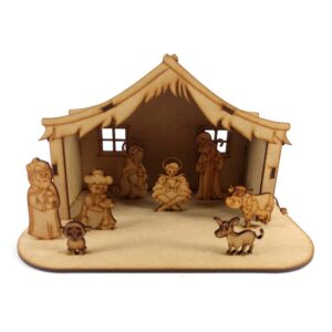 Pesebre establo con figuras base 17x25cm. altura 15 cm. MDF 3mm