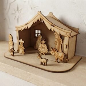Pesebre establo con figuras base 17x25cm. altura 15 cm. MDF 3mm
